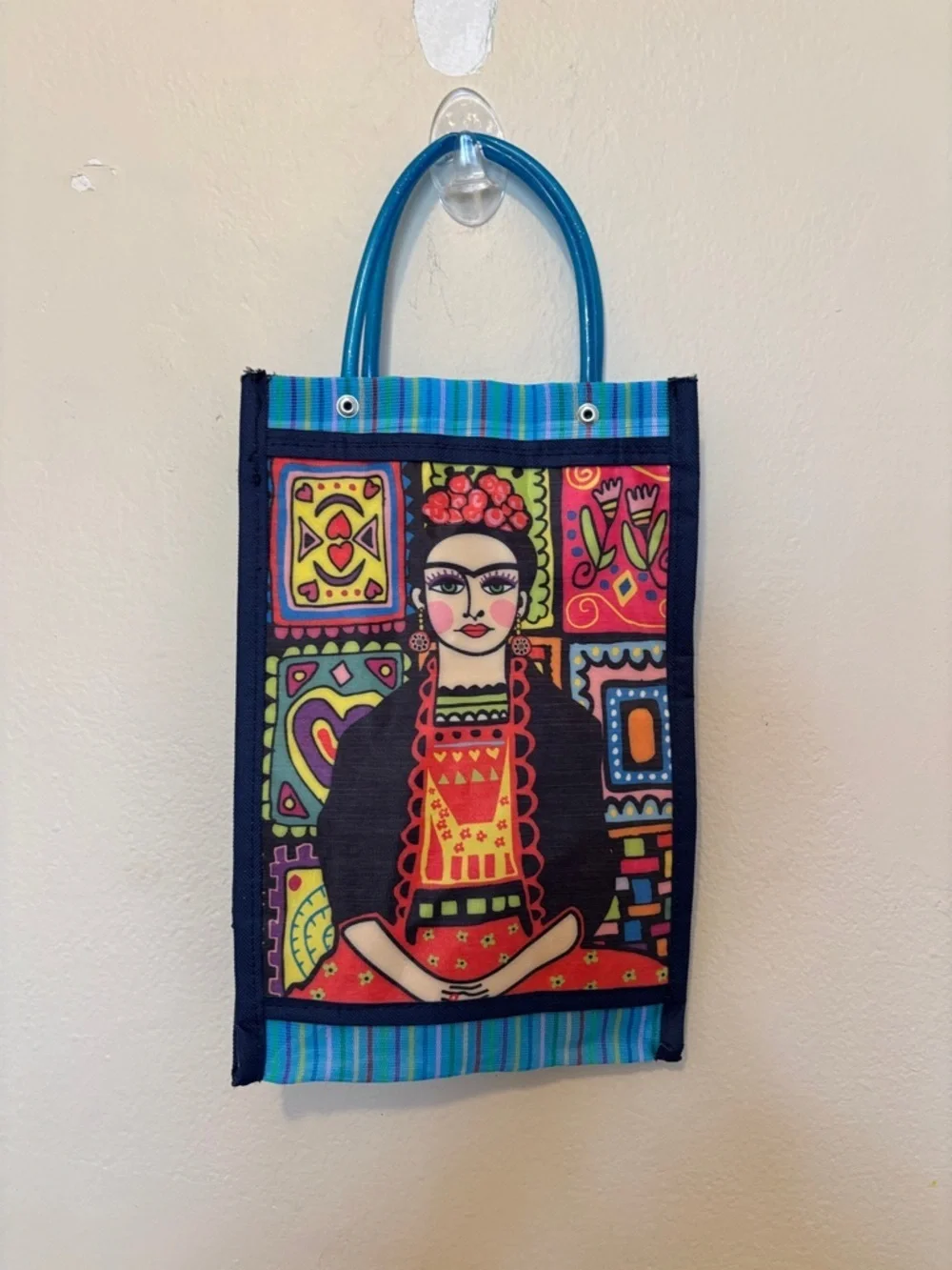 Multicolor Frida-Inspired Canvas Tote with Blue Handles